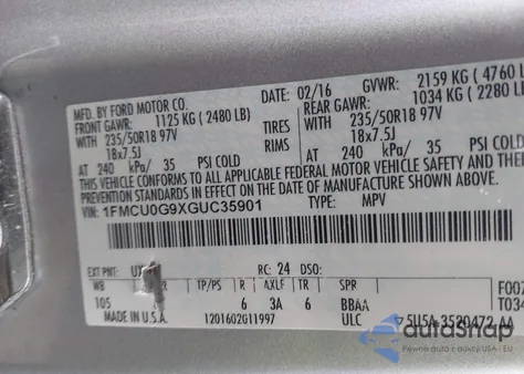 2016 Ford Escape Se z USA, uszkodzony, nr VIN 1FMCU0G9XGUC35901